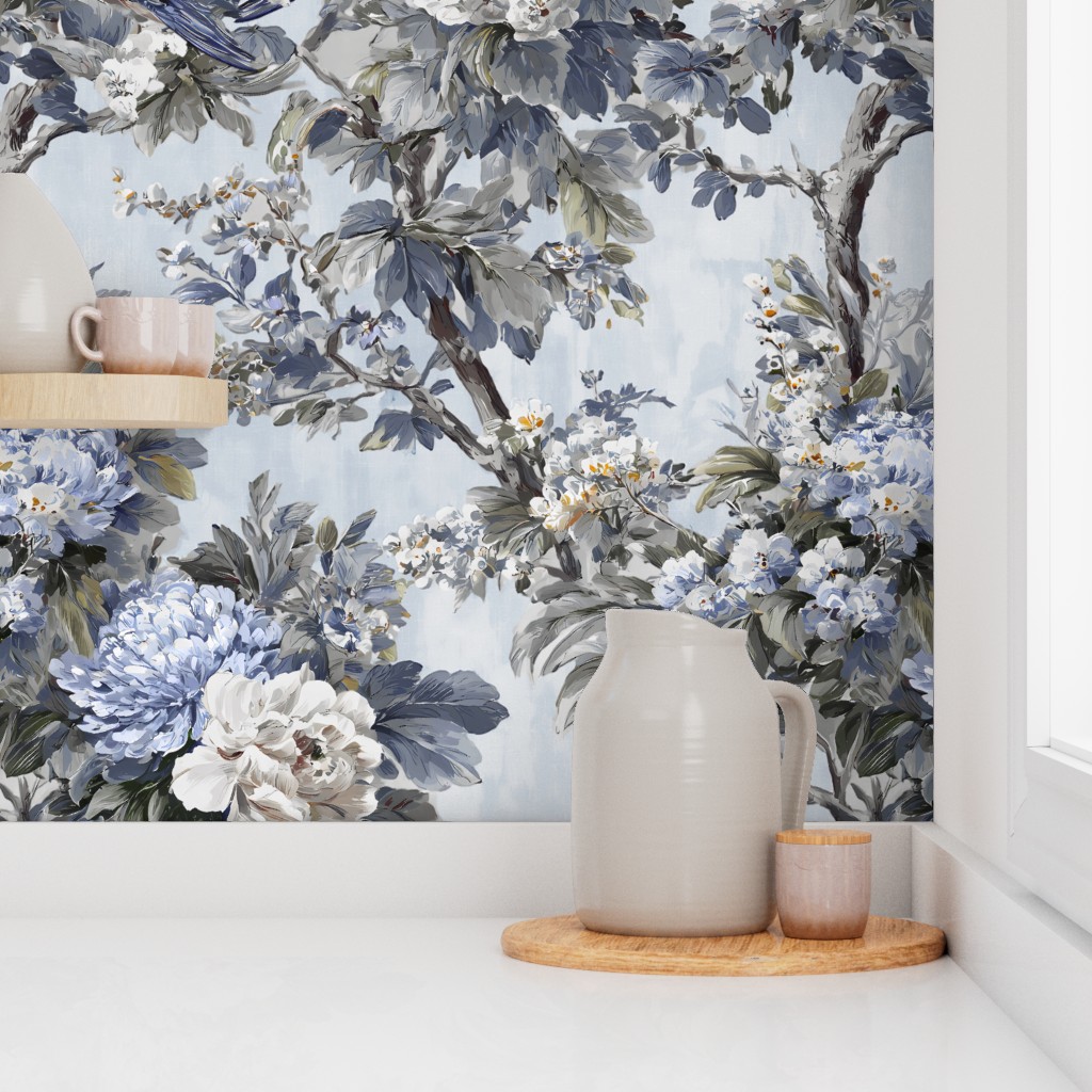 Willowcrest Chinoiserie Wallpaper In Muted Blue On Blue